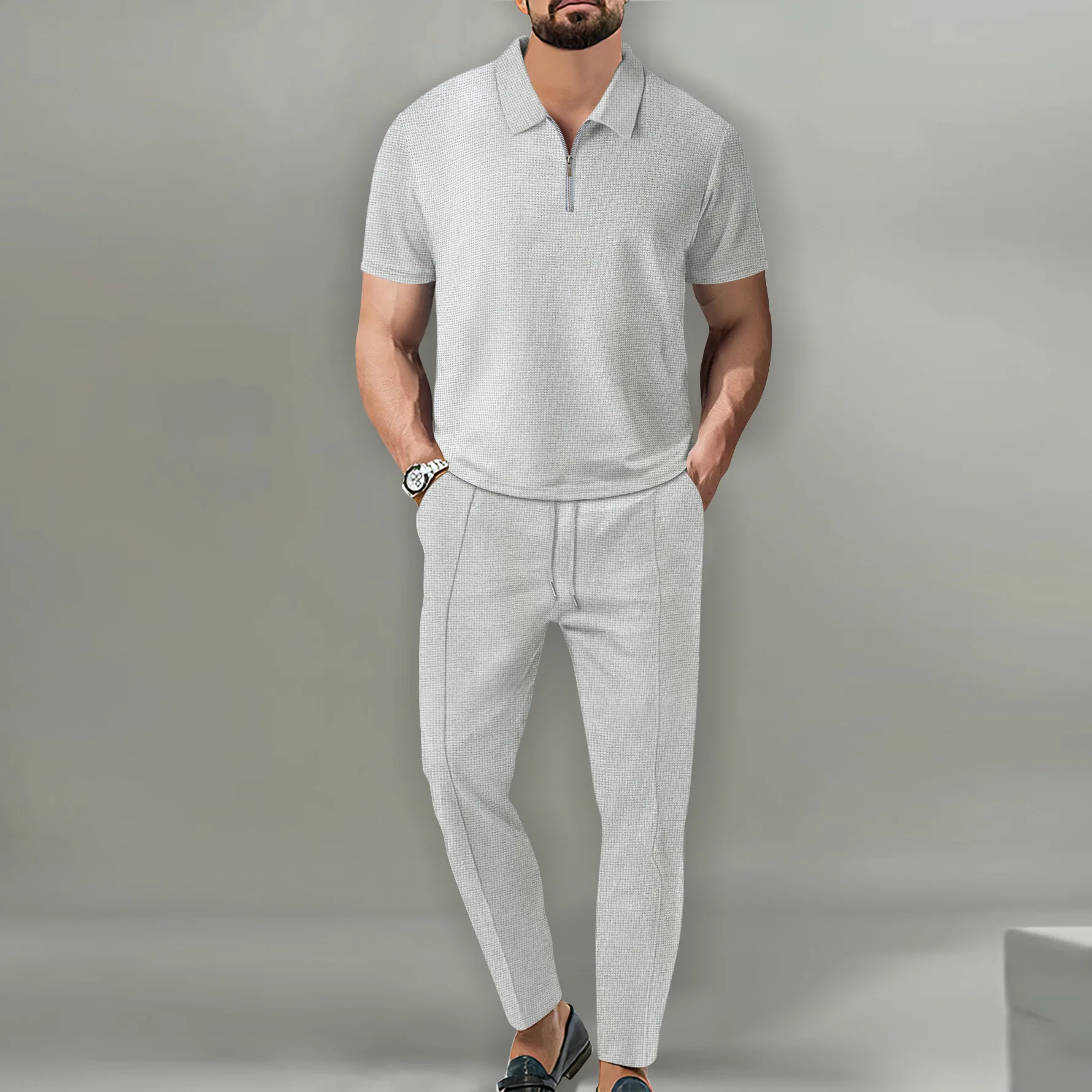 Spring and Summer New Men's Comfortable Casual Cool-Comfortable Breathable Half-Zip Short-Sleeved and Long-Sleeved Pants Set