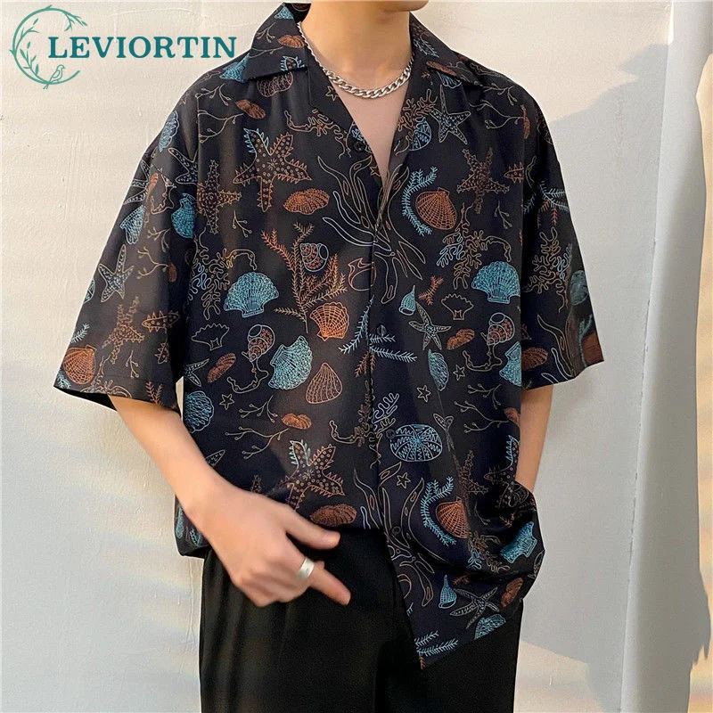 

Hip Hop Flowering Blouse Shirt Men's Summer Loose Thin Print Beach Casual Print Short Sleeve Shirts for Man