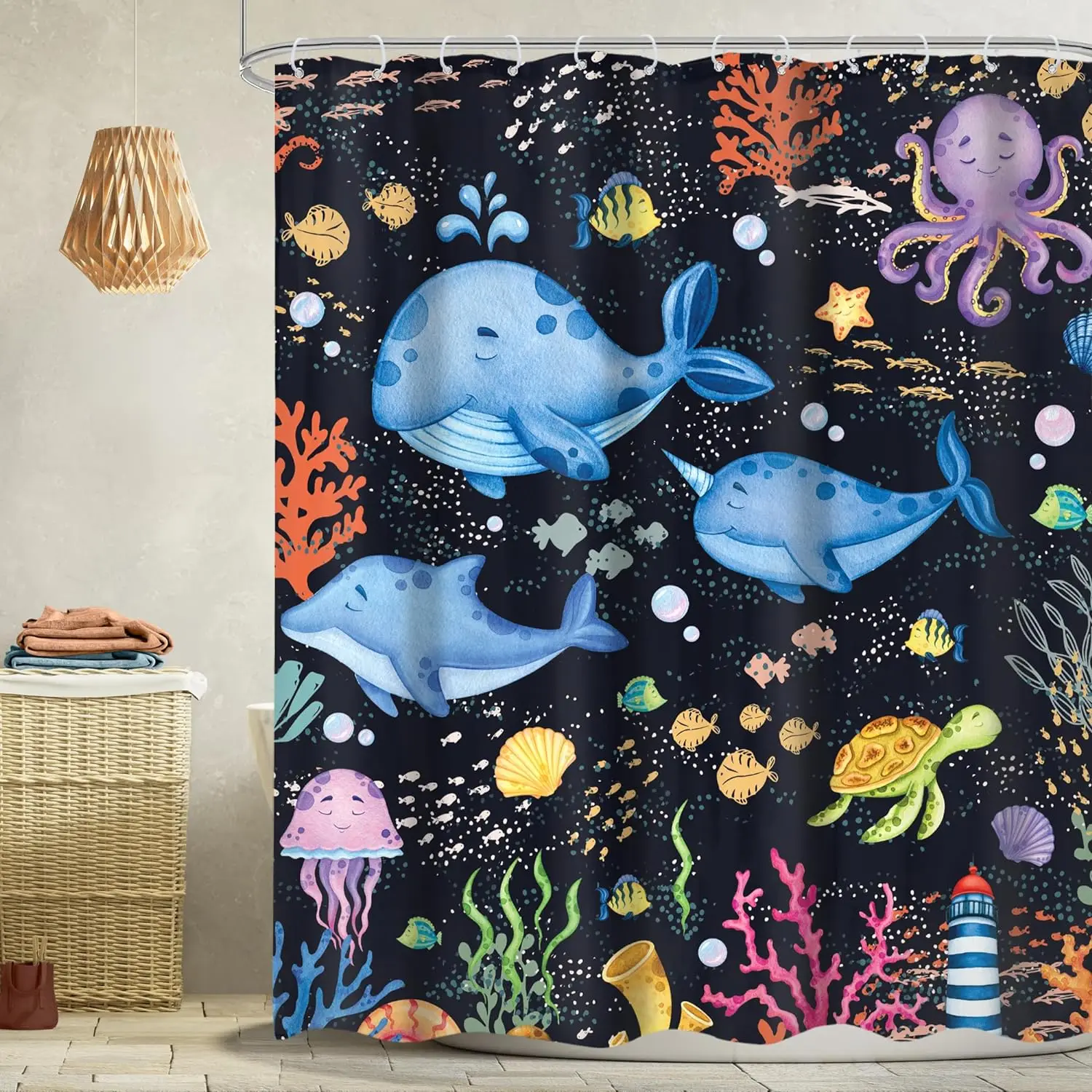 Cartoon Shower Curtain Whale Ocean Underwater World Coral Jellyfish Kid Boys Girls Home Polyester Fabric Bathroom Decor Curtains