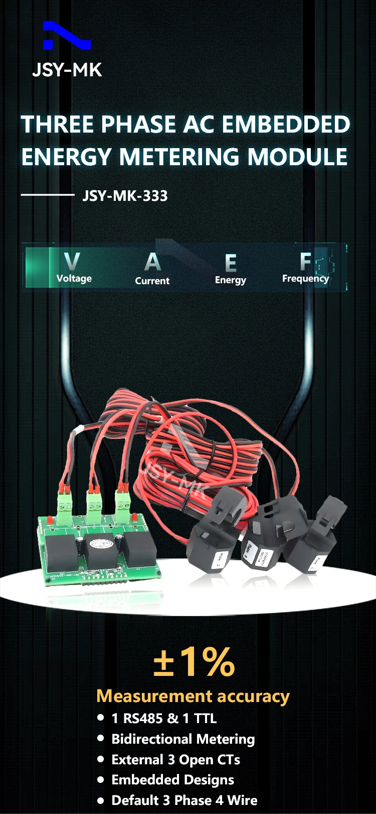 JSY-MK-333 50 mA-63 A 50 Hz 380 V AC Leistungsmesser 3 Phasen 4-Draht-Modul für elektrische Energie – Detail 2
