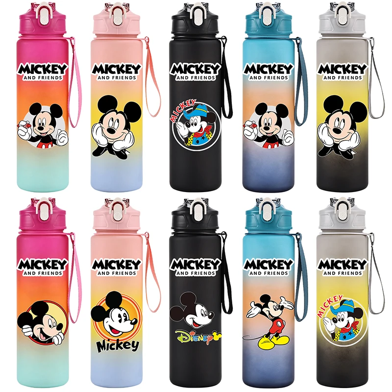 Disney Mickey Mouse 750ML Water Bottle Cute Plastic Cartoon Outdoor Sport Large Capacity Anime Portable Children Water Cup Gifts