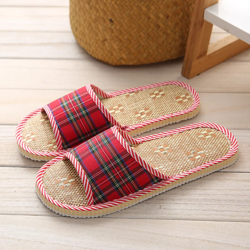 Indoor Slippers Grass Mat Home Guest Wooden Floor Hotel Feature Foam Soft Bottom Autumn Winter Linen Inn Flat Toe EVA Bottom