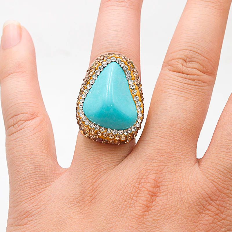 Turquoise Open Ring for Women Girls Gold-color Handmade Micro Inlay Chip Stones Finger Jewelry Party Wedding Gifts