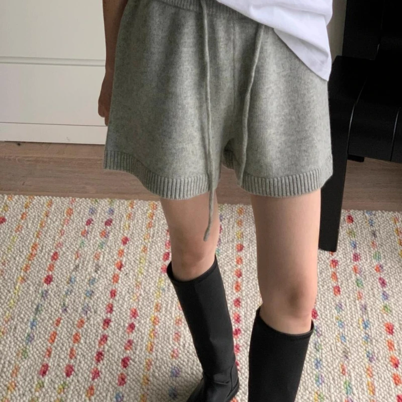 High waisted loose wide leg knitted shorts for women, new elastic waisted A-line silhouette casual straight leg pants