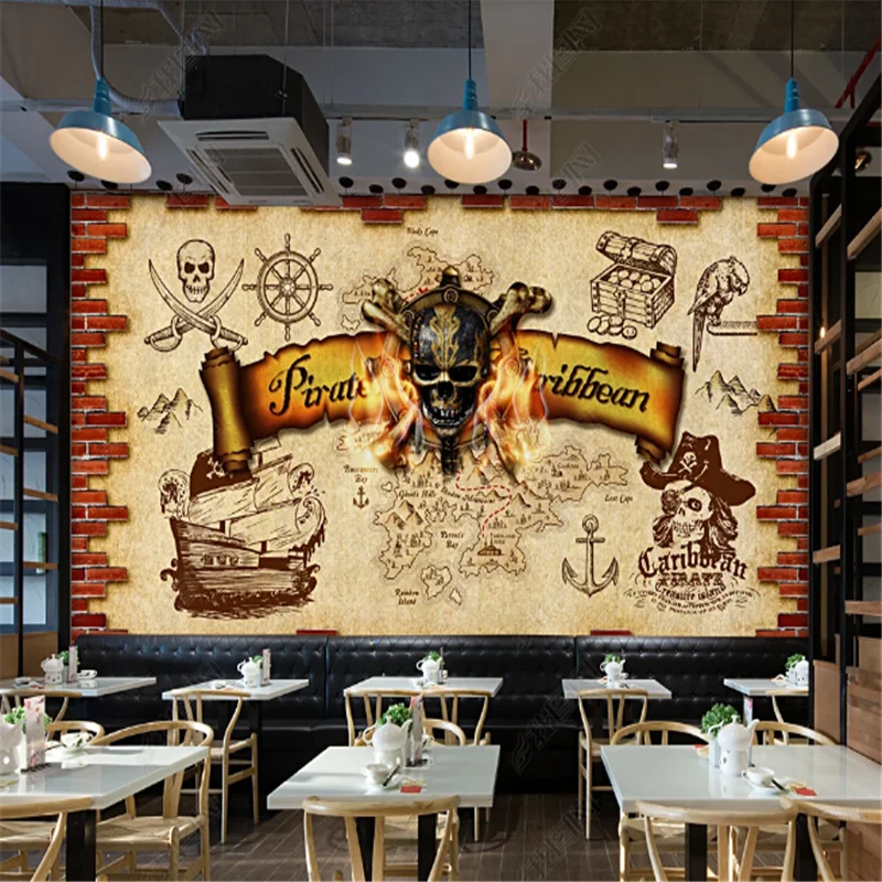 Nordic Retro Nostalgic Mural Wallpapers Industrial Decoration Pirate Skull Dining Bar Background Wall Paper papel de parede