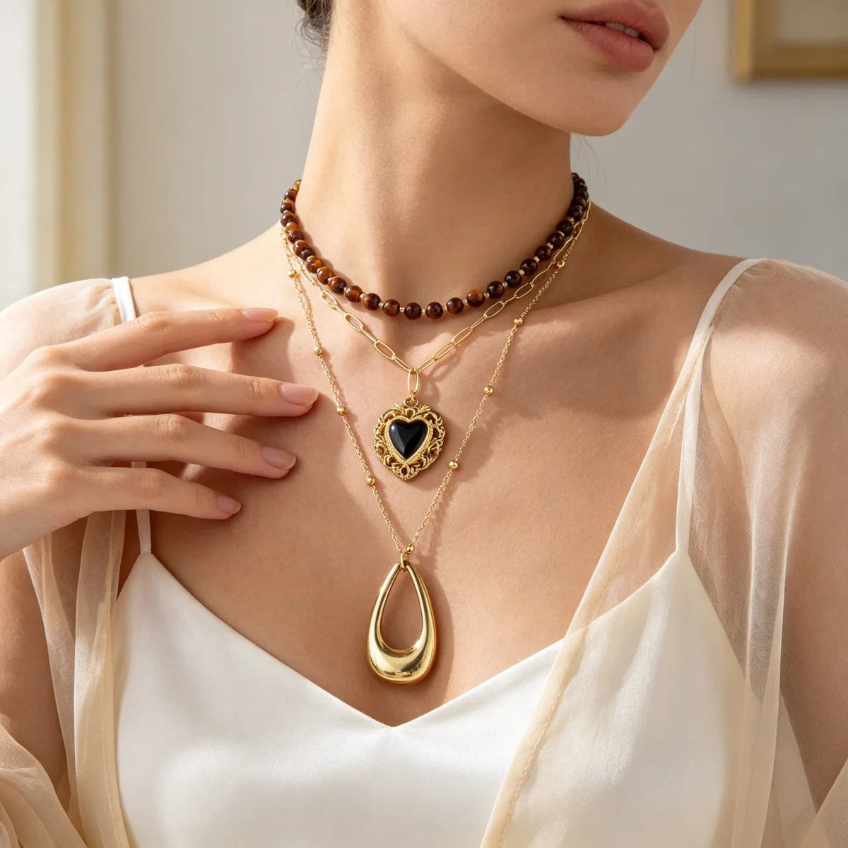 Retro Natürlicher Tigerauge-Stein Herz Hohler Wassertropfen Anhänger Halskette für Frauen Männer Mehrschichtige Tropfenform Stapelbare Choker-Schmuckstücke – Detail 11