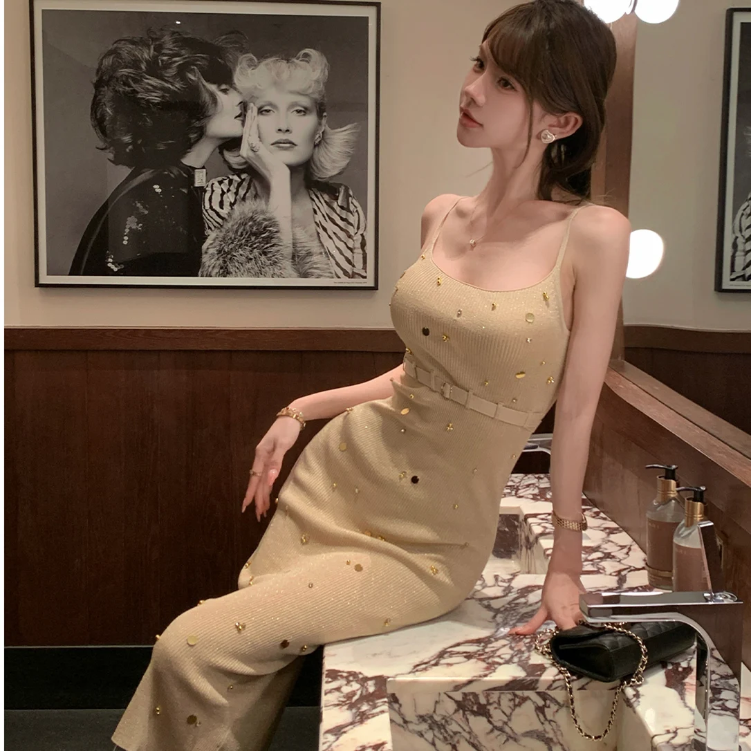 섹시한 롱 드레스 네일 비즈 장식 슬립 니트 드레스 + 캐미솔 슬링 탱크탑 2종 세트