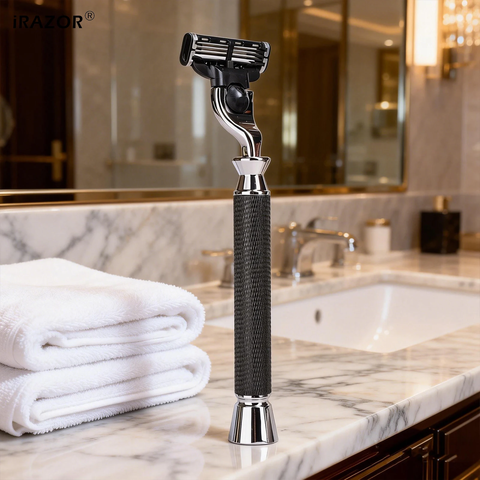 iRAZOR Men's Manual Shaving Razor Black Textured Non-Slip Handle Compatible with Mach 3 Blade Cartridge for Smooth Shave