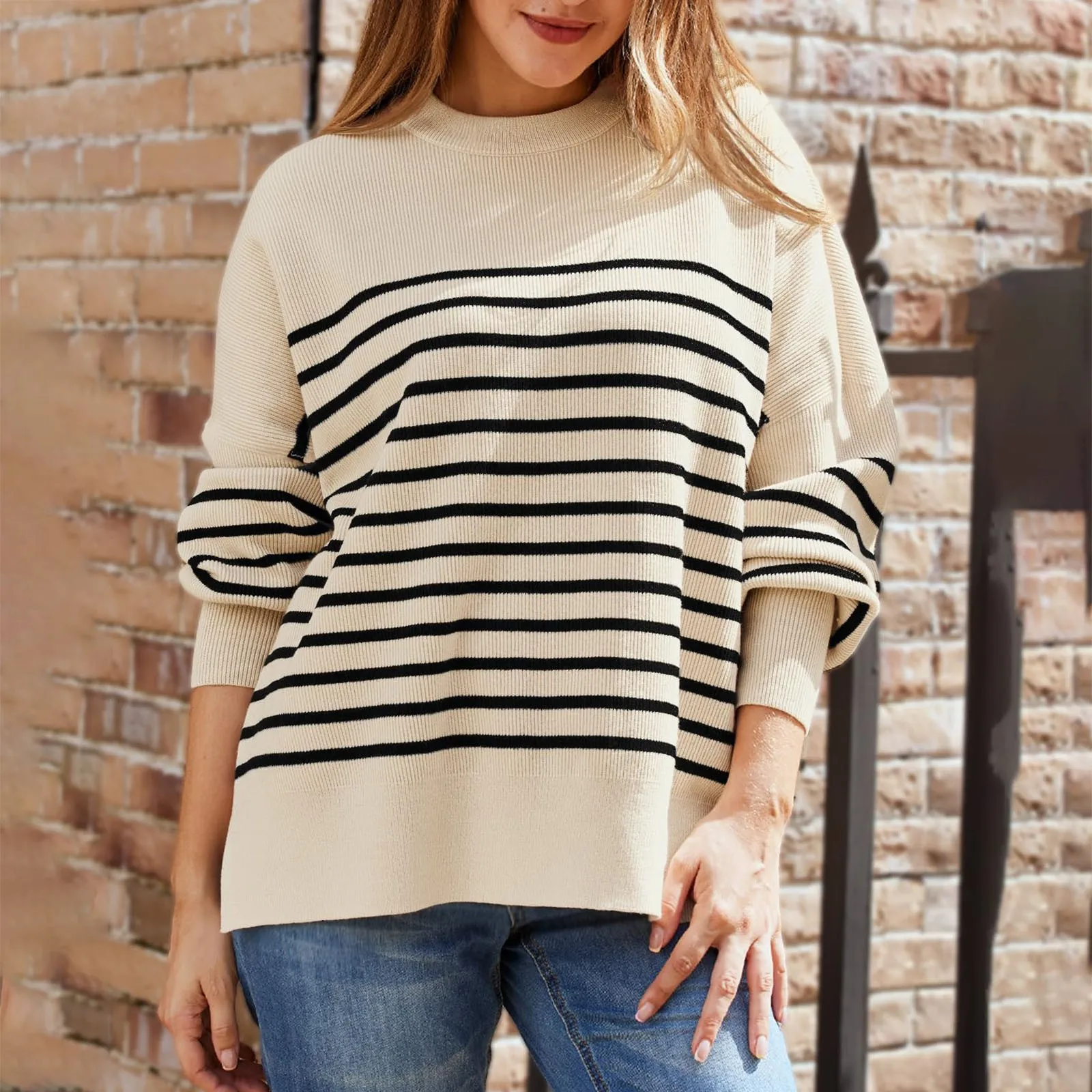 

Women'S Oversized Ribbed Knit Sweater Crewneck Batwing Long-Sleeved Striped Sweater Stylish And Elegant Side Slit Jumper