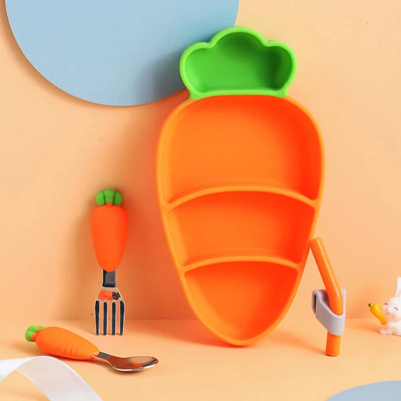 Children Carrot Silicone Tableware FeedingBaby Dinner Bowl Cartoon Plate Training Spoon Fork Infant Toddler Self Feeding Tool