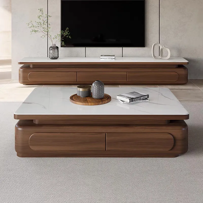 Medieval Walnut Wood Grain Rock Slab Coffee Table Living Room Simple Microcrystalline Stone Coffee Table TV Cabinet Furniture