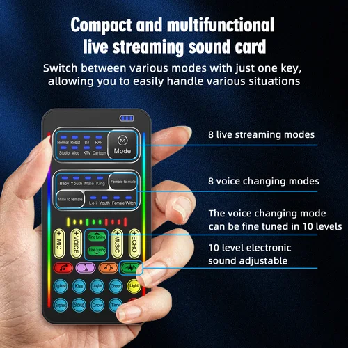 Imagen 2 del producto Cambiador de voz I9, tarjeta de sonido en vivo, micrófono y auriculares, Mini efecto de Audio, equipo portátil Compatible con Bluetooth, tarjeta de voz