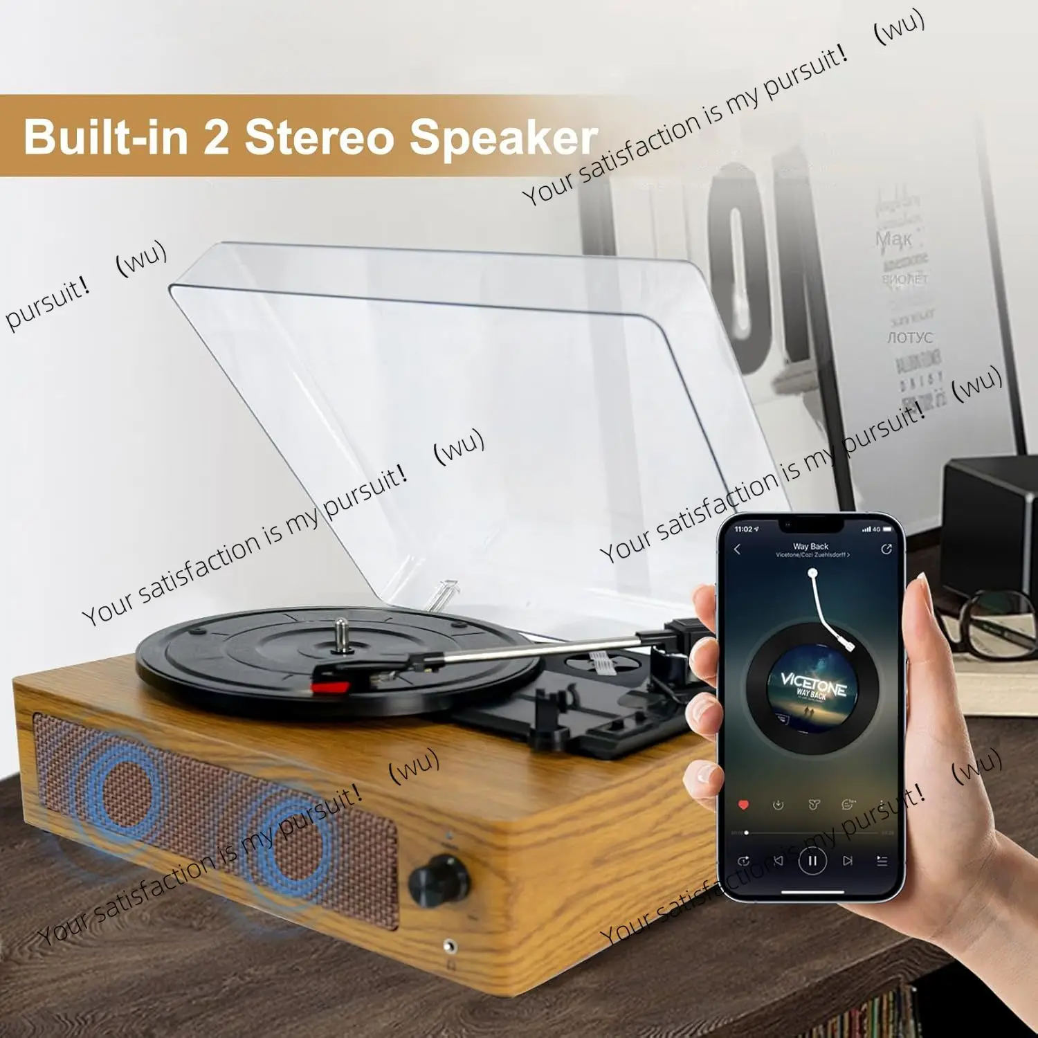 Bluetooth Vinyl Record Player 3-speed Turntable with Stereo Built-in Speakers with RCA Line Output AUX Input Headphone Jack