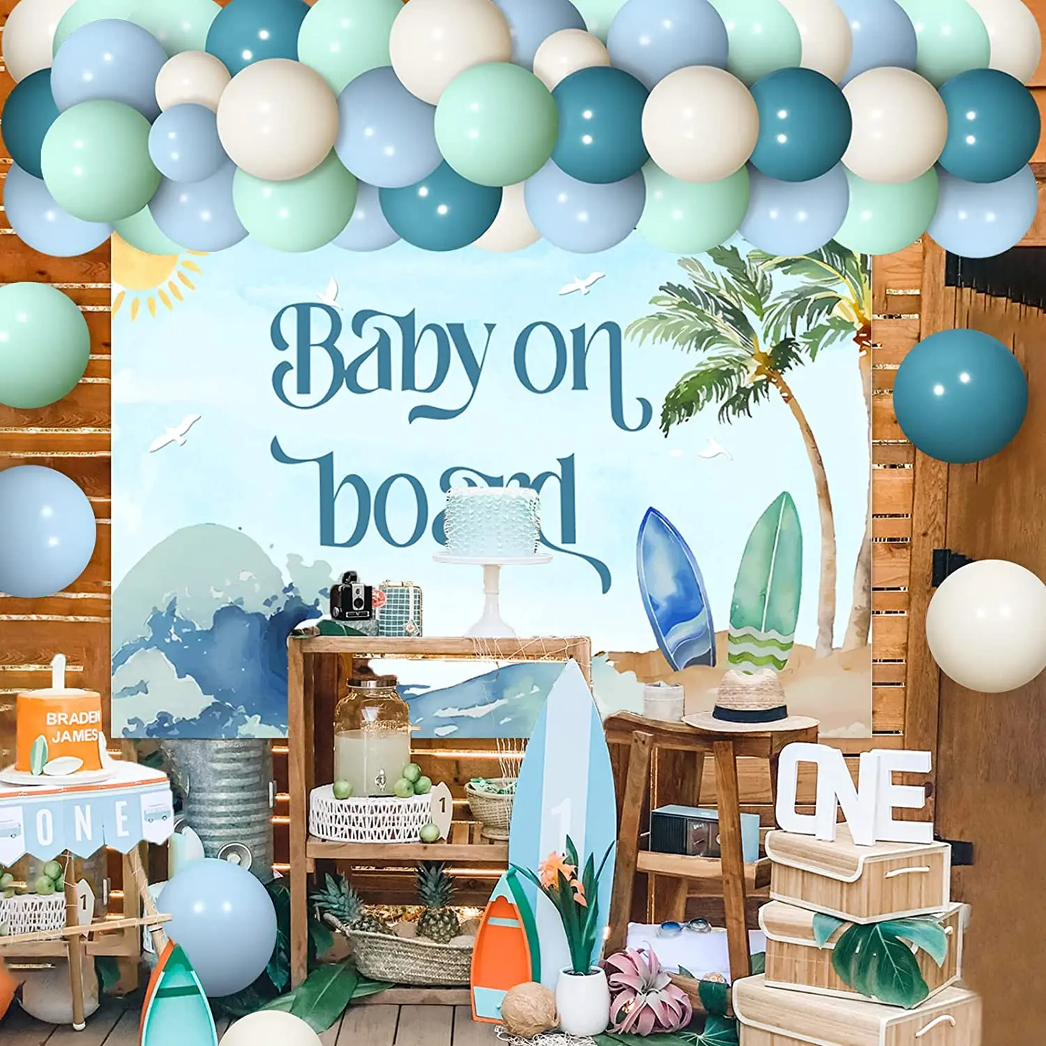 Imagem -02 - Surf Baby Shower Decorações Baby on Board Supplies Azul Branco Verde Balão Garland Kit com Fundo de Verão Praia