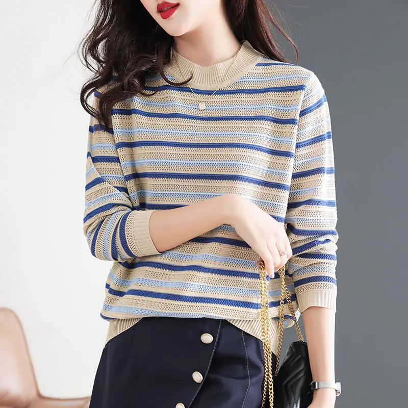 Vintage Loose-fitting Pullovers 2022 Korean New Popularity Spring Autumn O-Neck Striped All-match Leisure Women\'s Clothing Trend