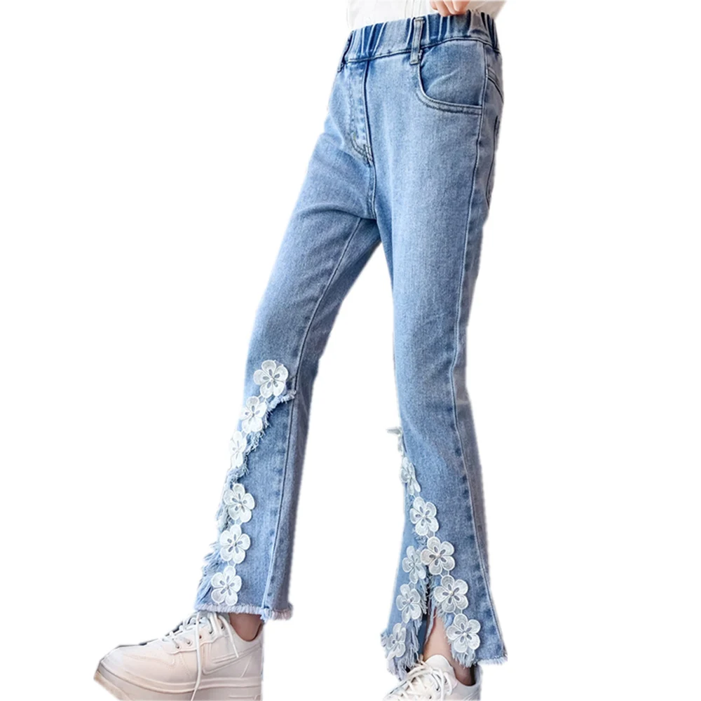 Fashion Jeans For Girls Elegant Cute Denim Pants Stretch Lovely Spring Child Trousers With Lace Flower For Teenagers Age 5-14 Y