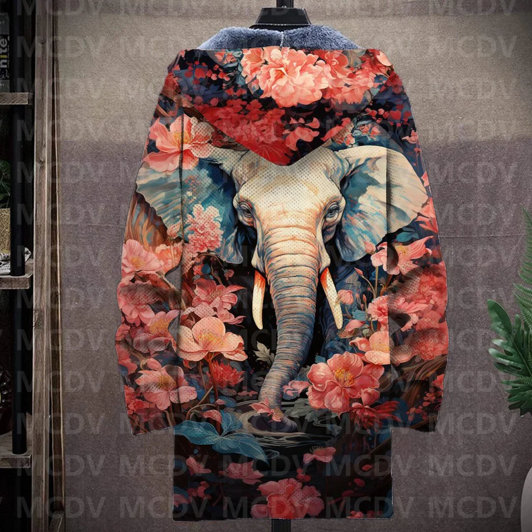 Men's Retro Print Plush Thick Long-Sleeved Coat Cardigan Elephant 3D Prined Fleece Hooded Overcoat Unisex Thick Warm Jacket