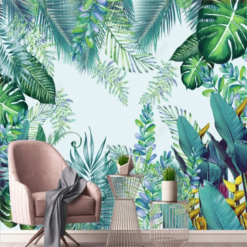 Fresh and Green Hand-painted Wall Paper Tropical Forest Plant Wallpapers for Living Room Decoration Background Mural