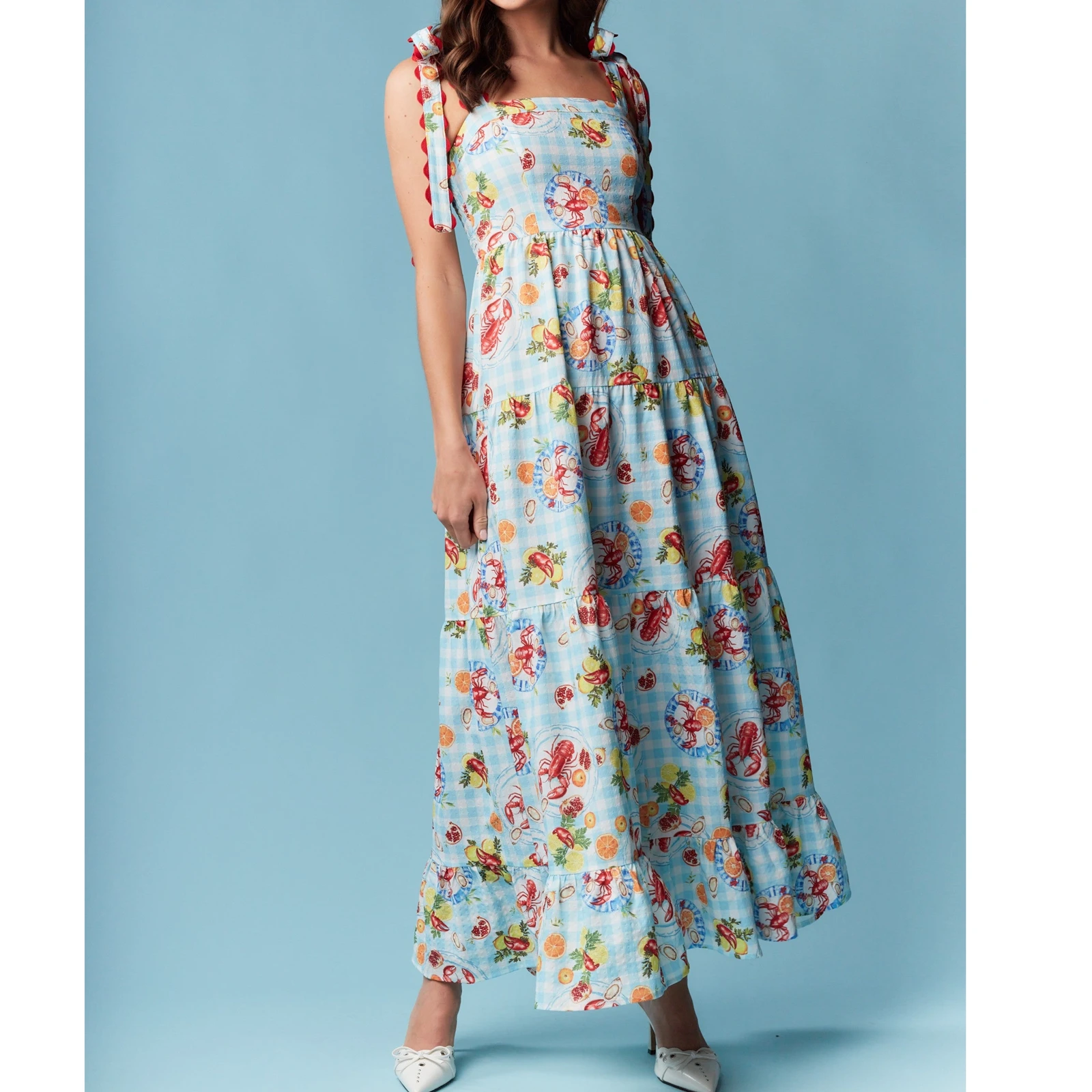 Dames elegante patchwork cartoon print cami-jurk mouwloze spaghettibandjes bodycon lange jurk zomerfeestjurk