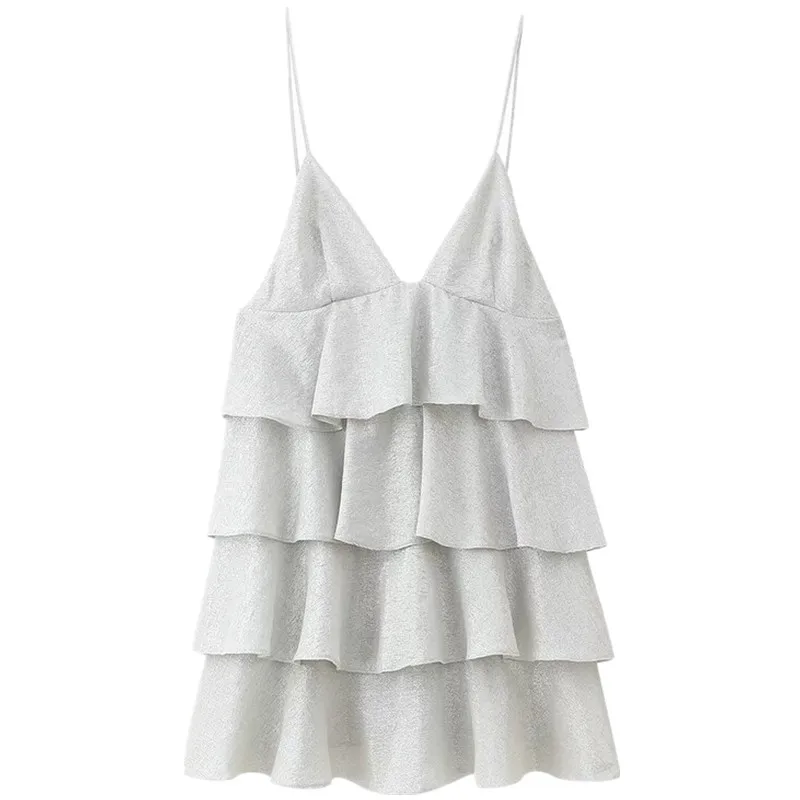 Verão nova chegada fena alça curta com decote em v em camadas decoração vestido bolo saia cintura alta estilo doce sem ma...