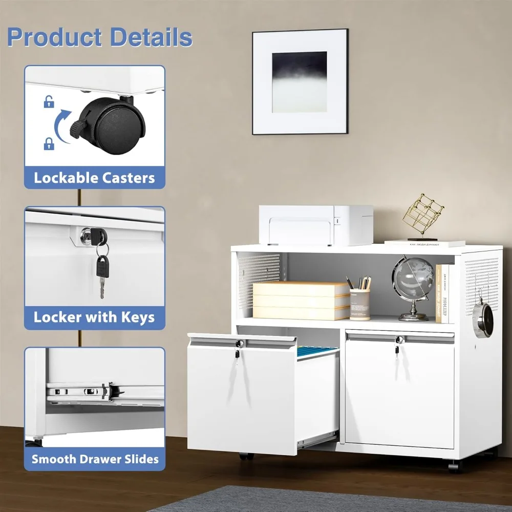 Schedario laterale in metallo con serratura a 2 cassetti con supporto per stampante con rotelle e ripiani portaoggetti per l'organizzazione dell'home office