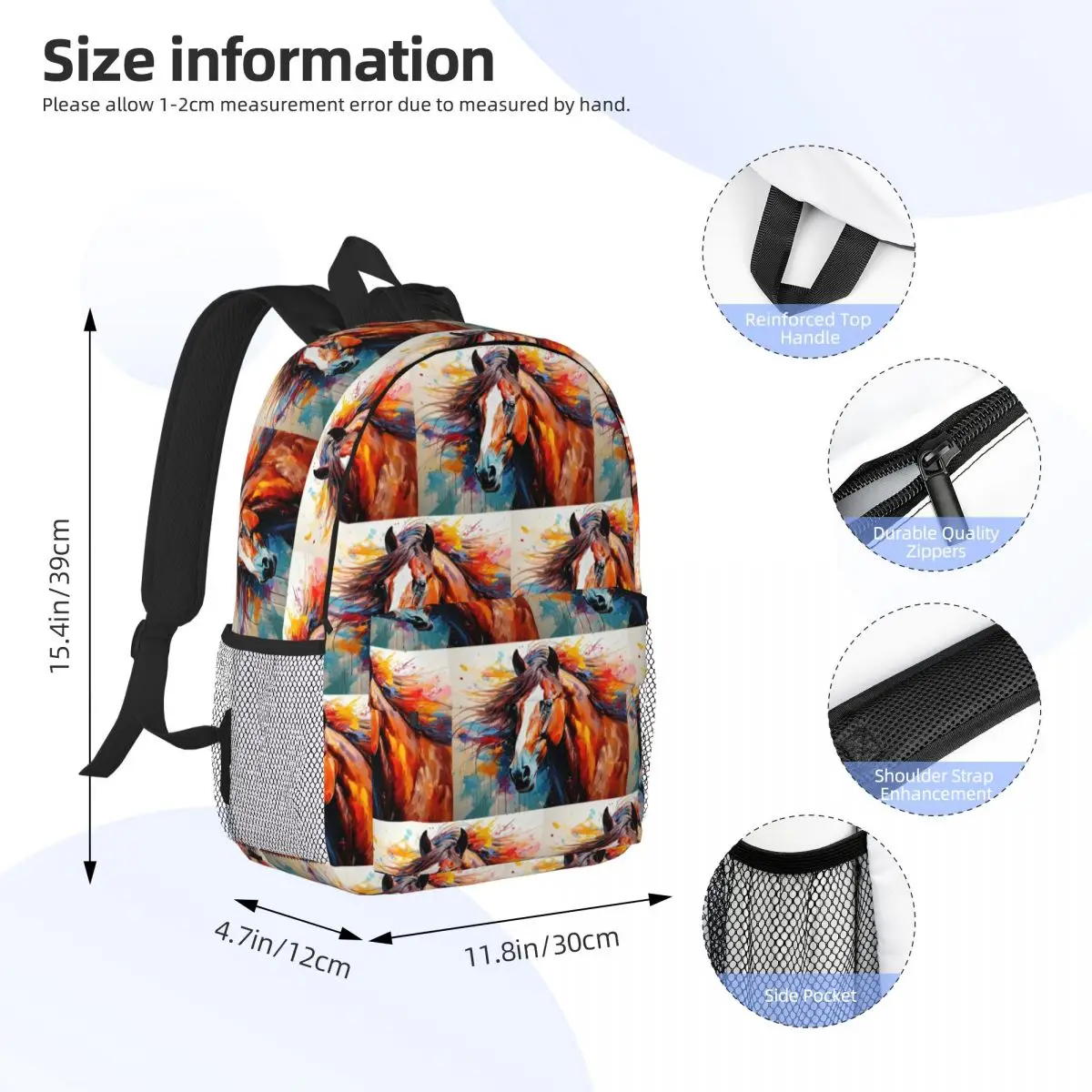 Horse Art Loose Artistic Backpack Student BookBag Children School Bag Computer Shoulder Bags for Men Women