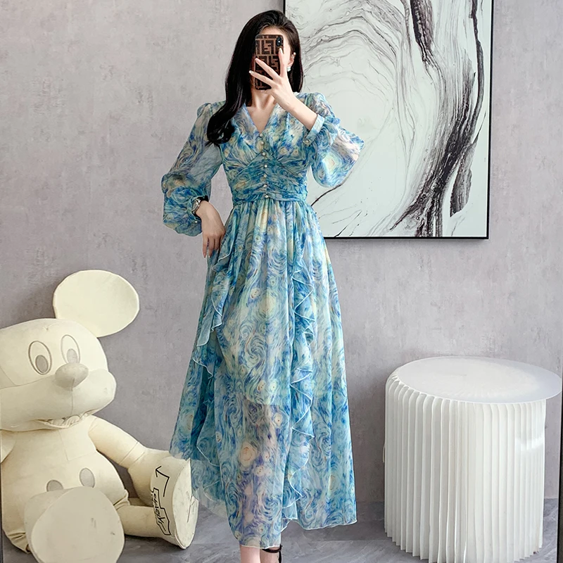 

Fashion Vintage Painting Artistic Van Gogh Print Ruffles Chiffon Long Party Dresses Women Elegant High Waist A line Casual Robes