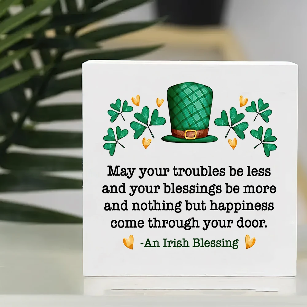 1 Piece St. Patrick's Day Themed Square Wooden Tabletop Sign with Irish Blessings, Four-Leaf Clover & Green Hat Design