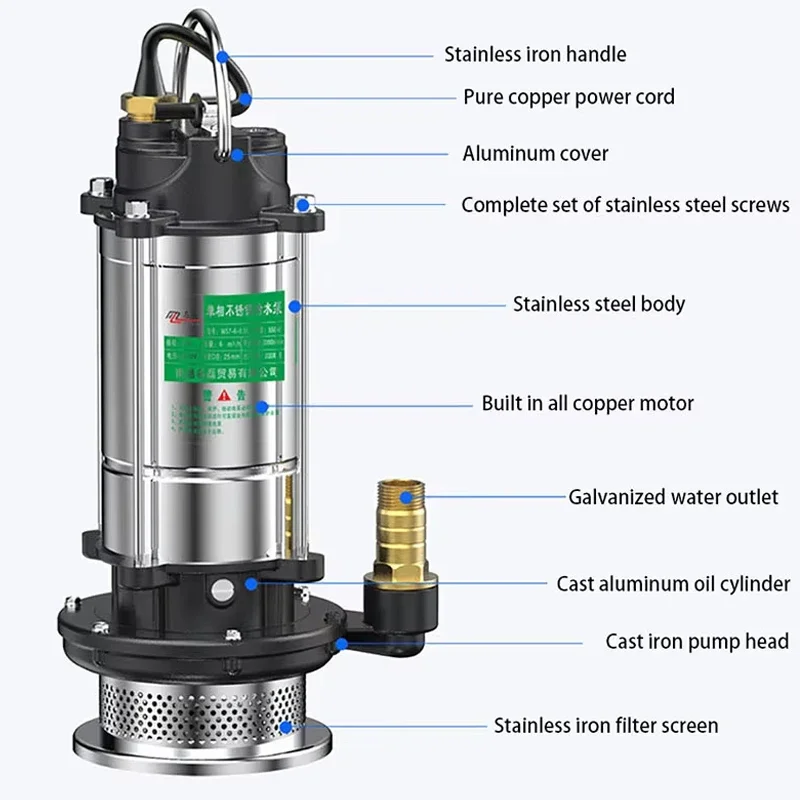 220V Stainless Steel Pump, Submersible Sewage High Lift, Large Flow Drainage Irrigation, For Family Farm Flood Control