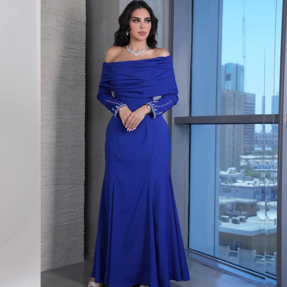 

Evening Satin Beading Draped Graduation A-line Off-the-shoulder Bespoke Occasion Gown Long Dresses Saudi Arabia