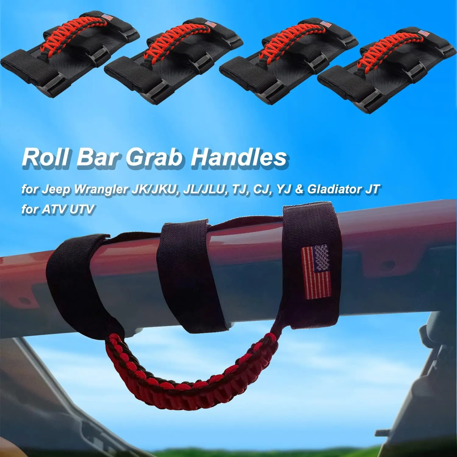 Heavy Duty Paracord Grab Handles for Jeep Wrangler Gladiator UTV/ATV, US Flag Non-Slip Fit 2-4