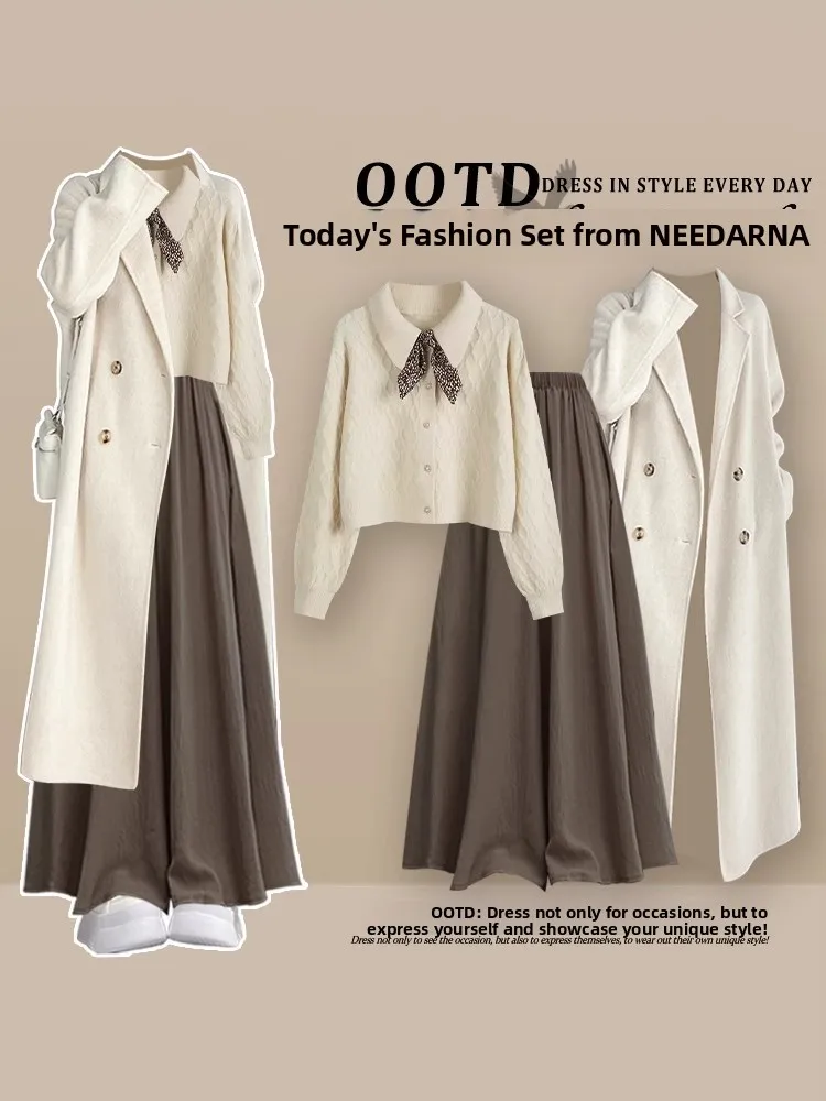 Automne grande taille femmes Yadan Sle tricoté Dr Ensemble avec manteau et pull jupe à carreaux t-shirt pièce Ensemble