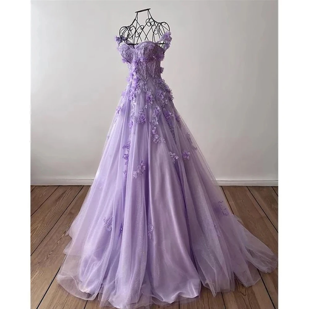 Purple Tulle Women's Sweetheart Princess Prom Dresses 3D Decal Evening Gowns A-Line Wedding Party Formal Beach Fashion Celebrity