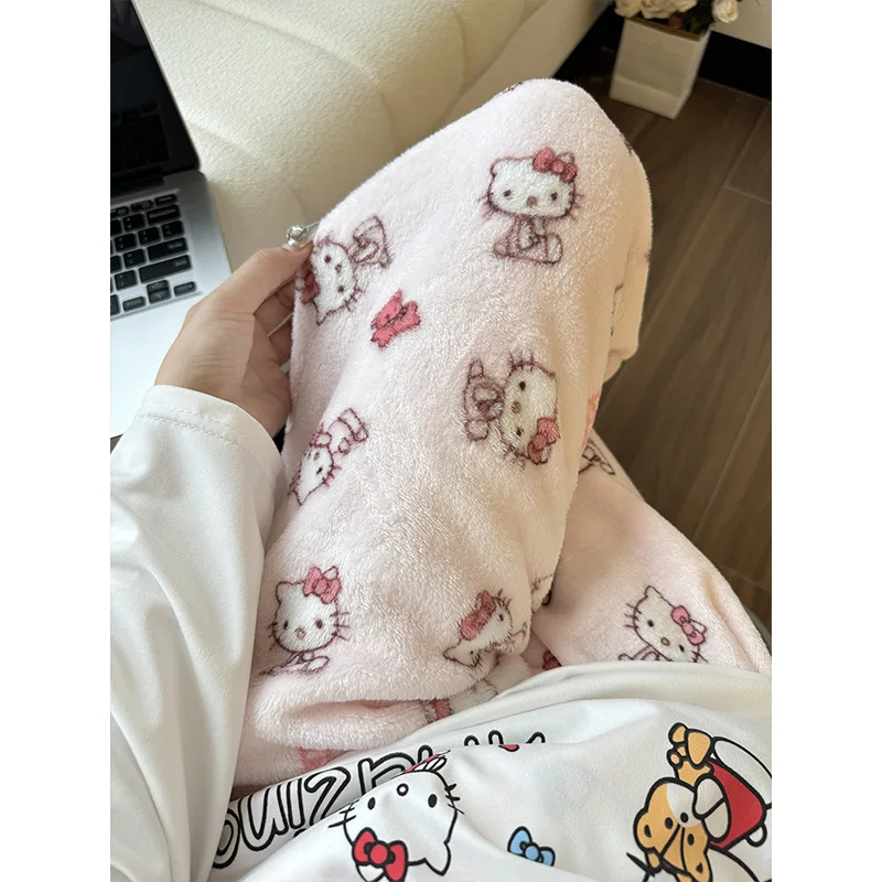 Cartoon Hello Kitty Sanrio Kawaii Y2K Flannel Sleeping Pants Autumn Winter New Thick Plush Warm Casual Home Pants Toys for Kids