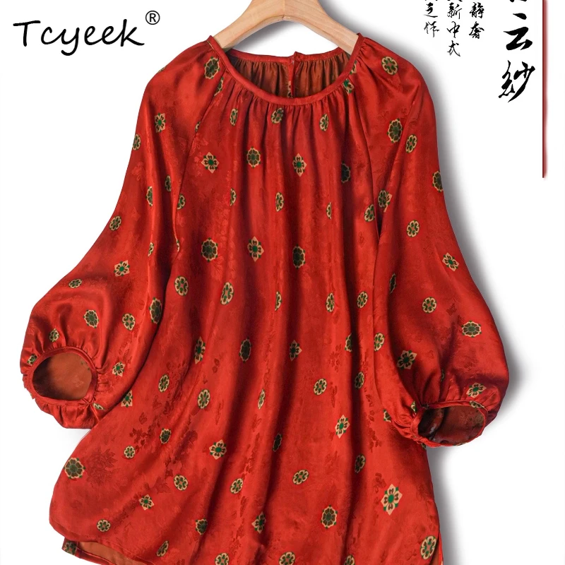 

Tcyeek 100% Mulberry Silk Spring Summer Round Necked Lantern Long Sleeved Straight Tube Red Women's Shirts Женская Одежда 여름옷