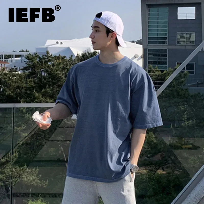 

IEFB Korean Style Male Tees Casual Worn-out Washing Round Neck T-shirts Short Sleeve Loose New Men's Tee Chic 2024 9C6422