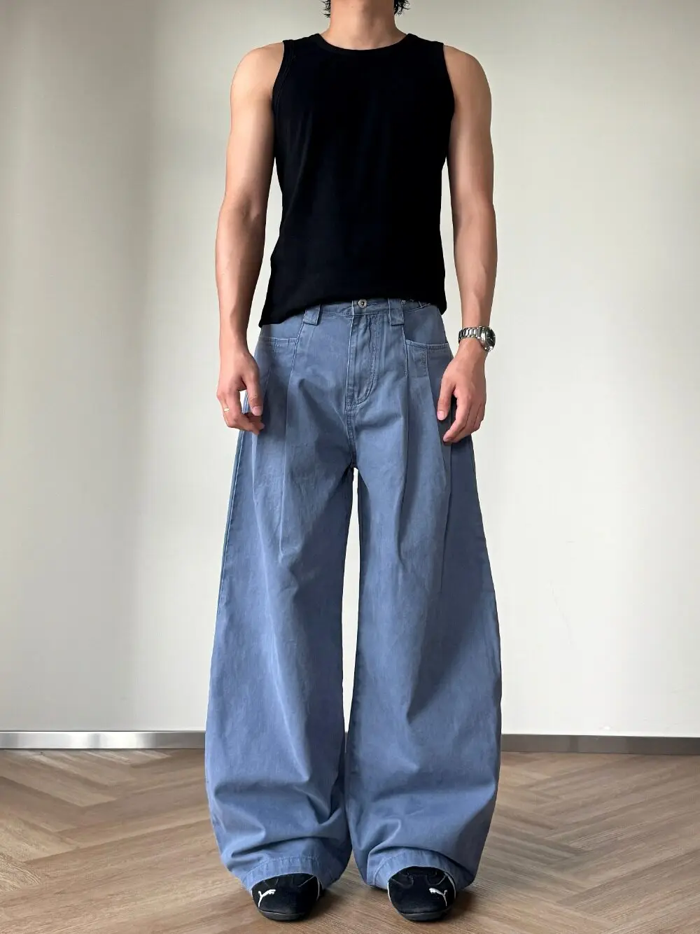 American Casual Vintage Pleated Waist Adjustable Workwear Jeans Unisex Wide Leg Long Pants for Commuting And Matching