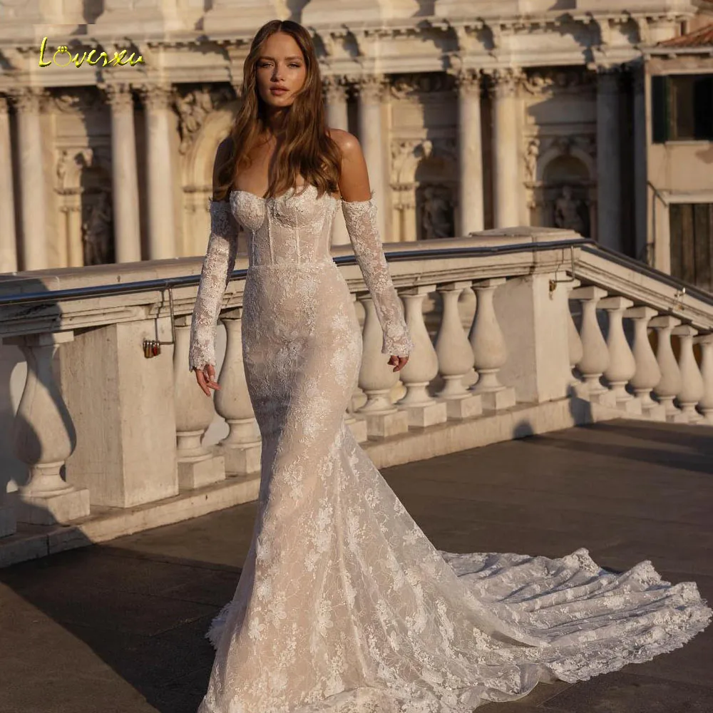 

Loverxu Mermaid Sexy Wedding Dresses For Women Strapless Vestido De Novia Lace Embroidery Court Train Custom Made Bridal Gown