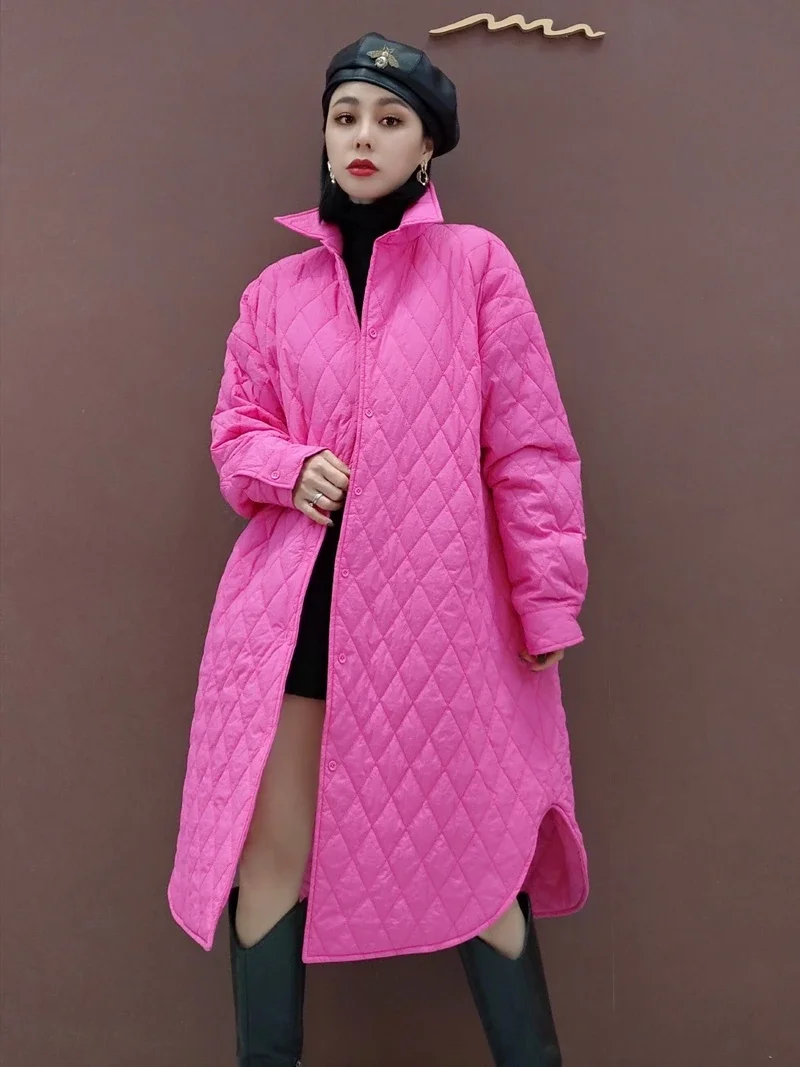 2024 New Autumn Winter Women Cotton-padded Coat Thicken Mid-long Windbreaker Stand Collar Straight Fashion Quilted Wadded Jacket