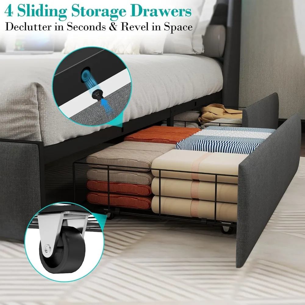 Queen Size Bed Frame with 4 Storage Drawers and LED Lights, Queen Bed Frame with Upholstered Headboard and Charging Station, Ste