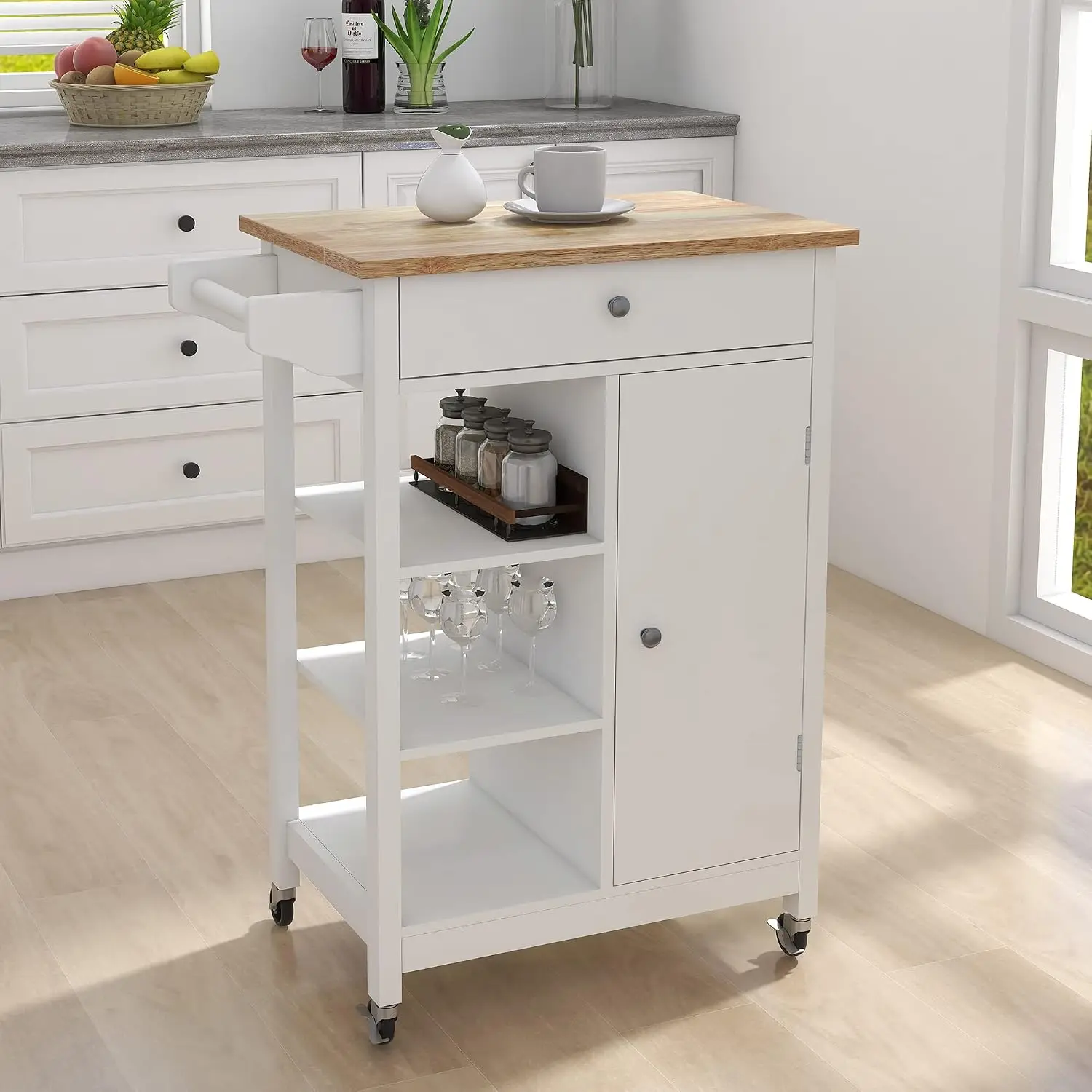 Kitchen Storage Cart Rolling Island MDF Top with 1 Drawer Towel Rack 3 Ladder Racks Closed Sideboard, Customized