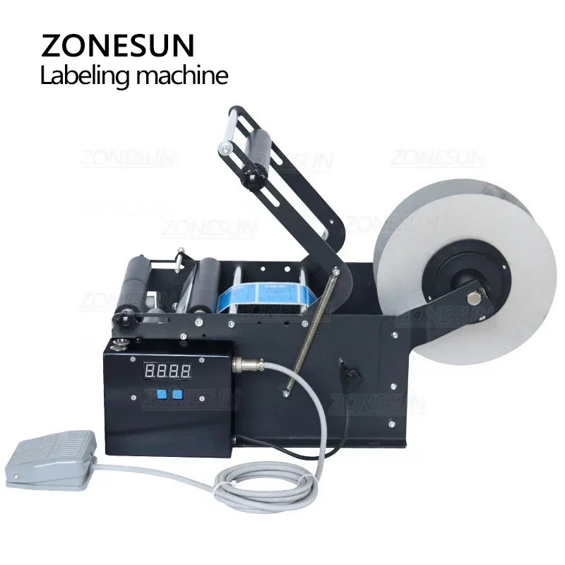 ZONESUN Round Bottle Labeling Machine With Smart Electric Pedal Glass Plastic Bottle Jar Vial Sticker Packaging Labeler ZS-TB16P