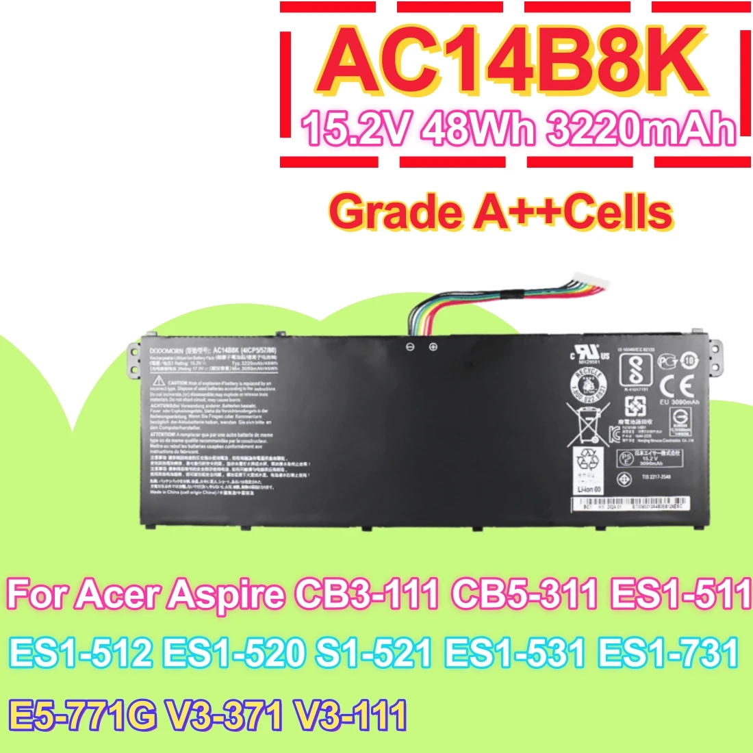 AC14B8K Laptop Battery For Acer Predator Helios 300 Nitro 5 AN515 Swift 3 SF314 Aspire V3 ES1 Chromebook CB5-571 AC14B3K AC14B7K