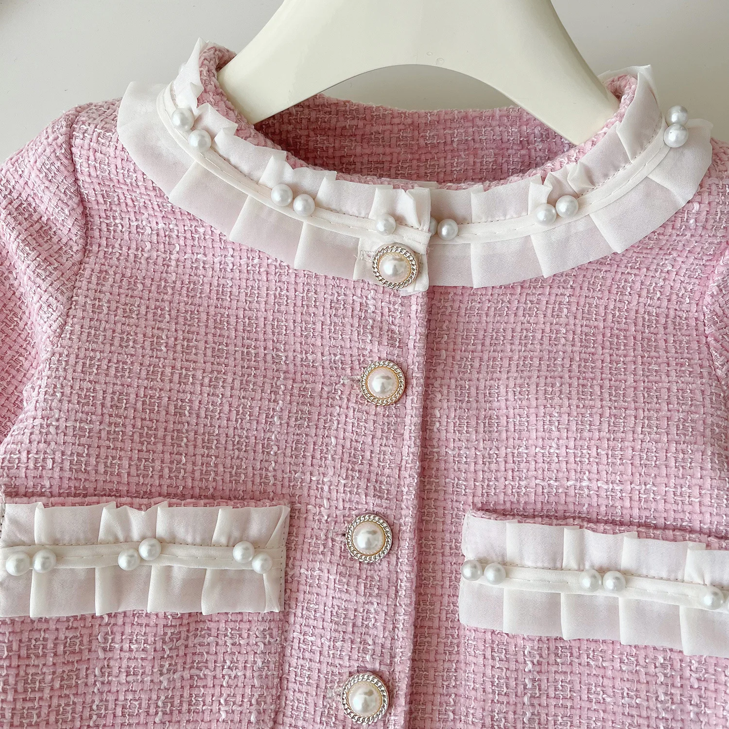Tweed สีชมพูสาวชุดบูติก Luxury Designer เสื้อผ้าเด็กชุดเด็กเสื้อและกระโปรงจีบ 2 ชิ้นชุดเสื้อผ้าเด็ก
