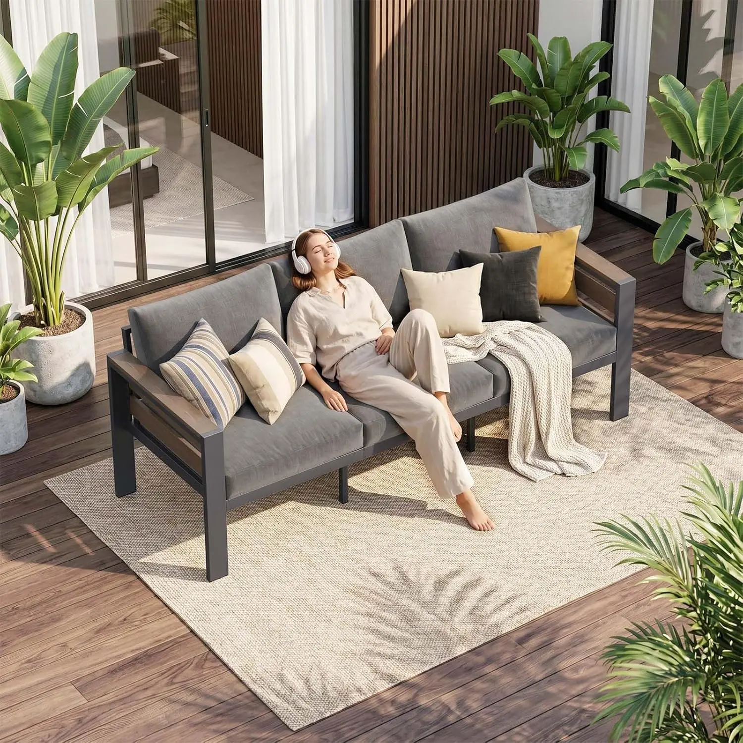 

3-Seat Aluminum Patio Sofa All-Weather Cushioned Conversation Set for Porch Balcony Deck Yard Poolside, Customized