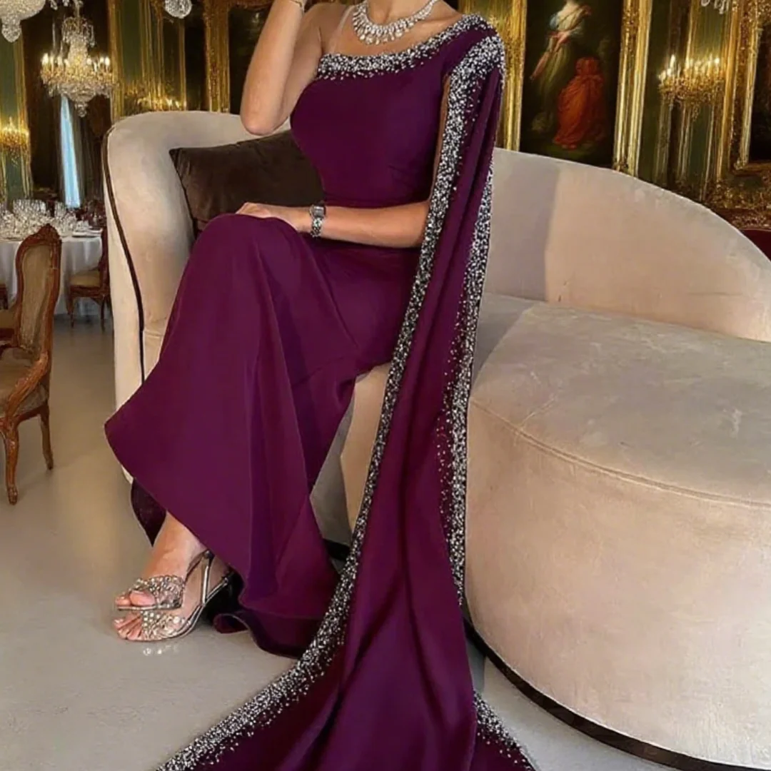 سباركلي مطرزة بلا أكمام قطار الاجتياح طول الأرض حفلة موسيقية ثوب الأرجواني حورية البحر جيرسي مساء اللباس مخصص