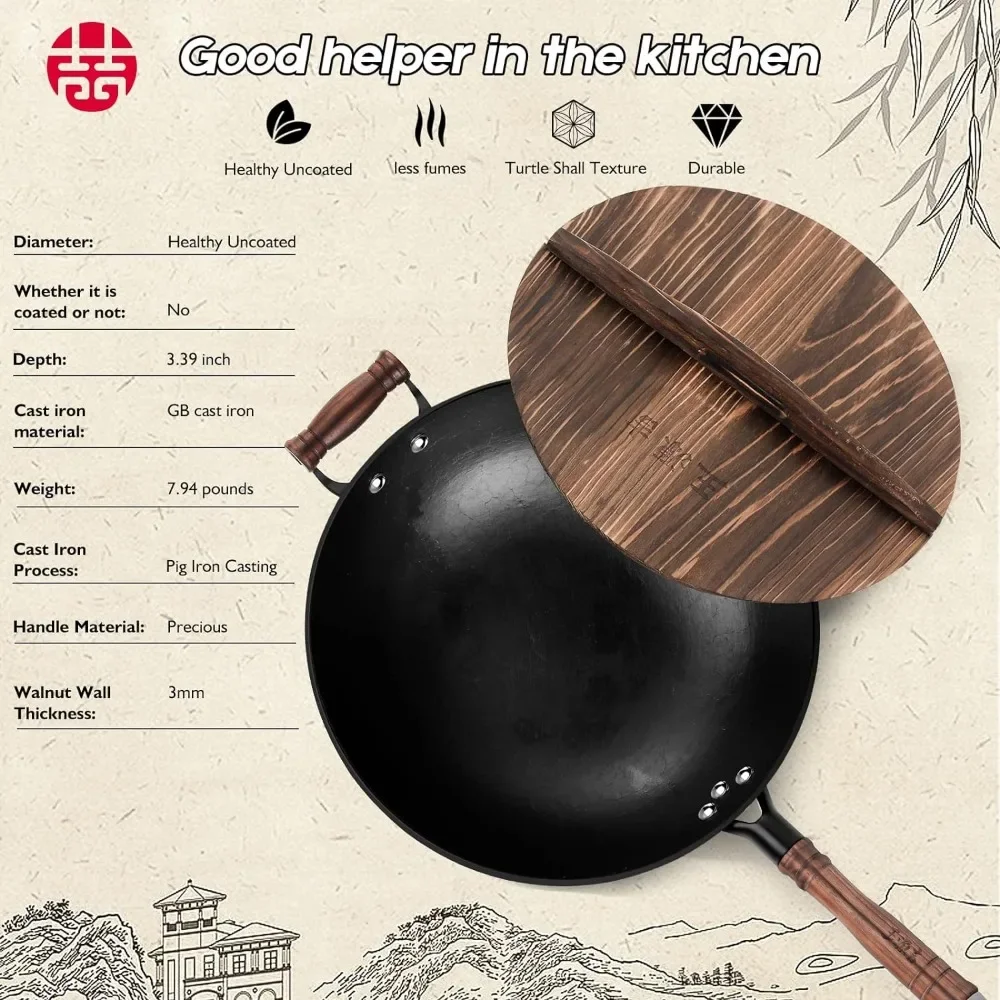 Cast Iron Wok Pan 12 inch Flat Bottom with Wooden Handle and Lid, Large Wok Stir Fry Pan Suitable for All Cooktops