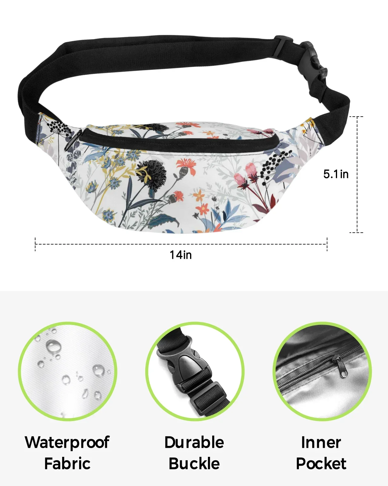 Flower Plant Dandelion Leaves Men Women Waist Bag Fanny Pack Purse Large Phone Belt Bag Wallet Pouch Waterproof Banana Hip Bags