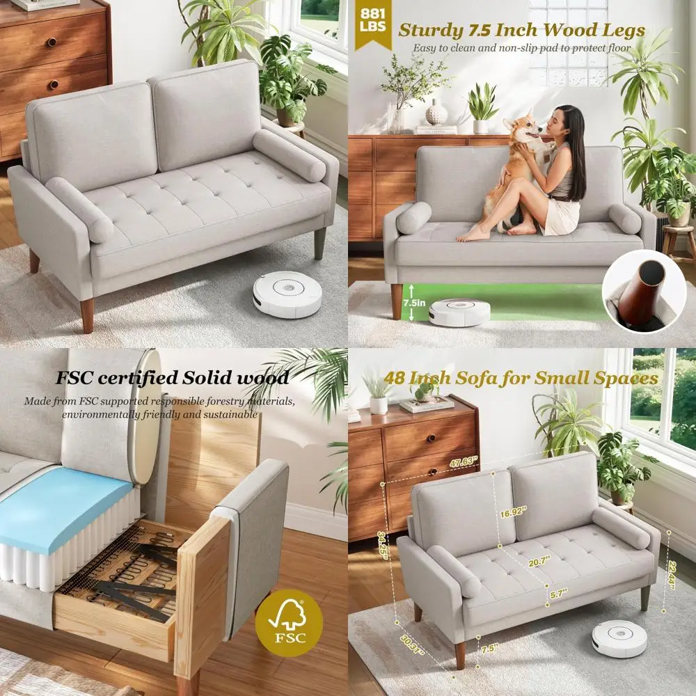Compacte loveseat-bank met massief houten poten voor kleine ruimtes, ideaal voor woonkamer en slaapkamer, eenvoudige montage bank