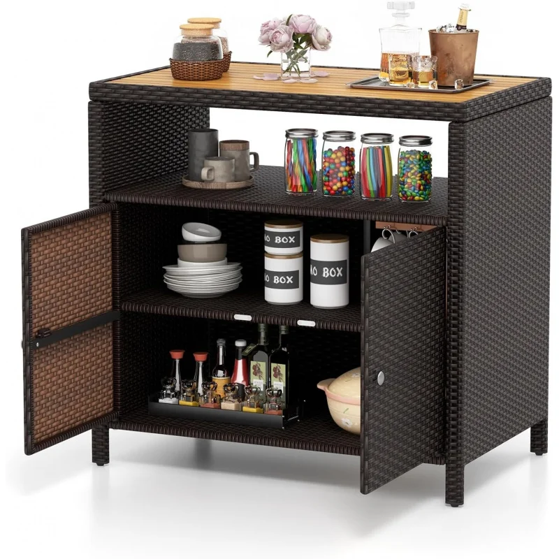 

Outdoor Storage Cabinet,Rattan Wicker Sideboard with Acacia Wood Countertop, 2-Door Outdoor Bar Table with Open Shelf, Weather